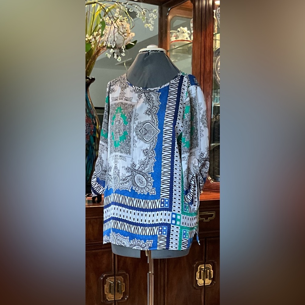 Printed Boatneck Blouse in Blue, Green & White